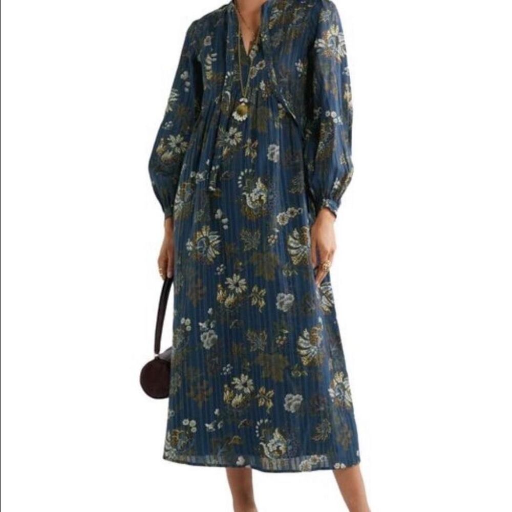 Sea New York Pascale Maxi Dress Size 8 Navy Floral Cotton Tie Neck Boho